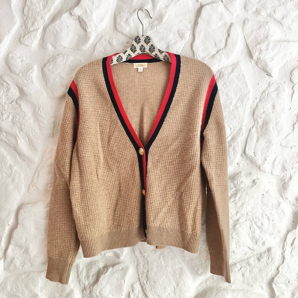 Jcrew Knit Cashmere Classic Tan Cardigan with Red and Navy Accents